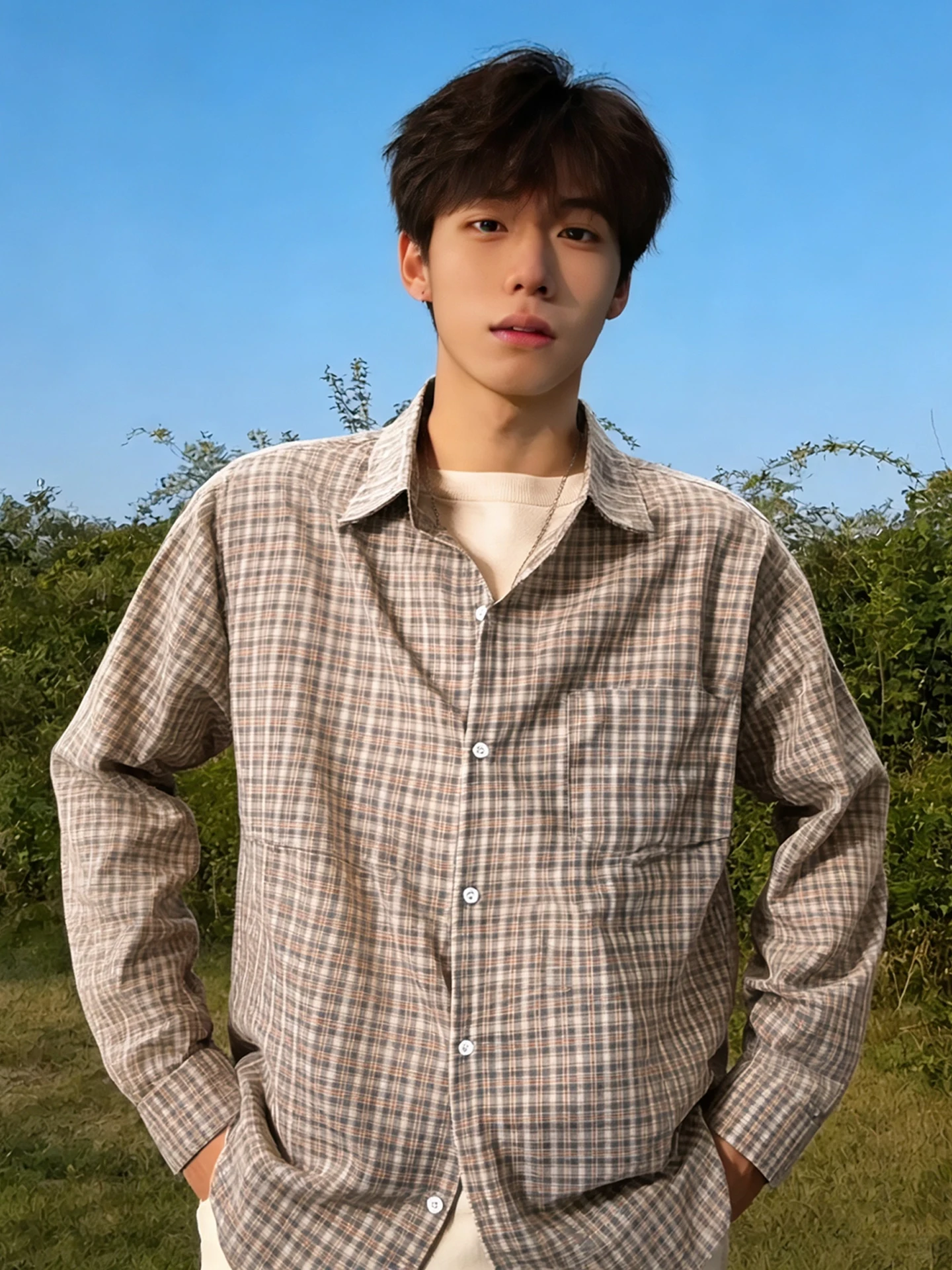 Retro Japanese Design Plaid Long Sleeve Shirt Unisex Autumn Winter Cleanfit Premium Collar Versatile Outerwear Casual Style