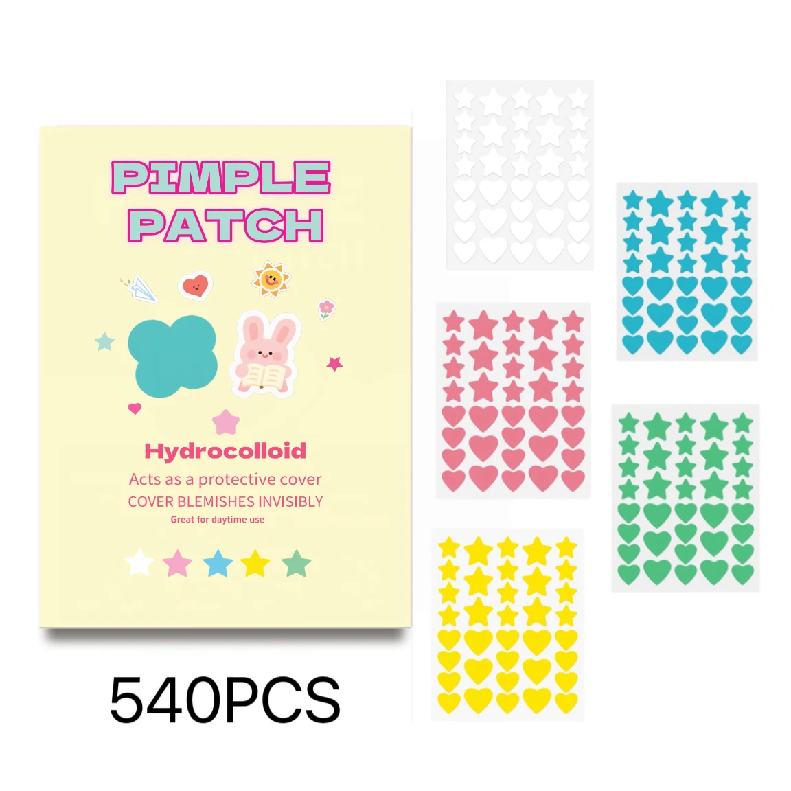 540PCS,Star-shaped&Heart acne patches in 5 colors, suitable in size, must-haves for makeup, seductive, charming, and alluring.