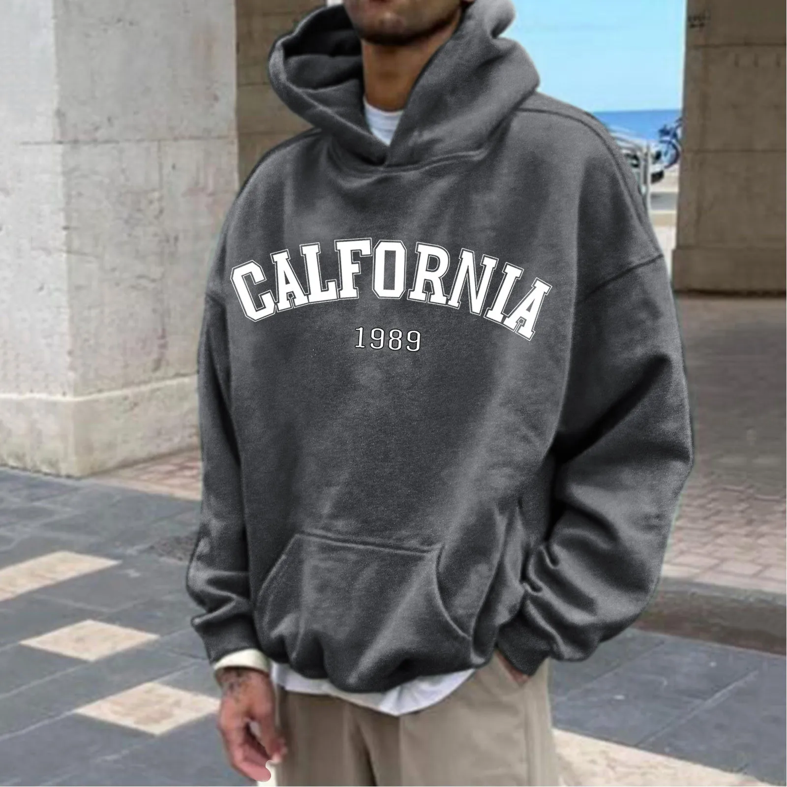 Sudadera con capucha con estampado de California para hombre, jerséis de Hip Hop con bolsillo de gran tamaño, ropa de calle deportiva suelta, chándales