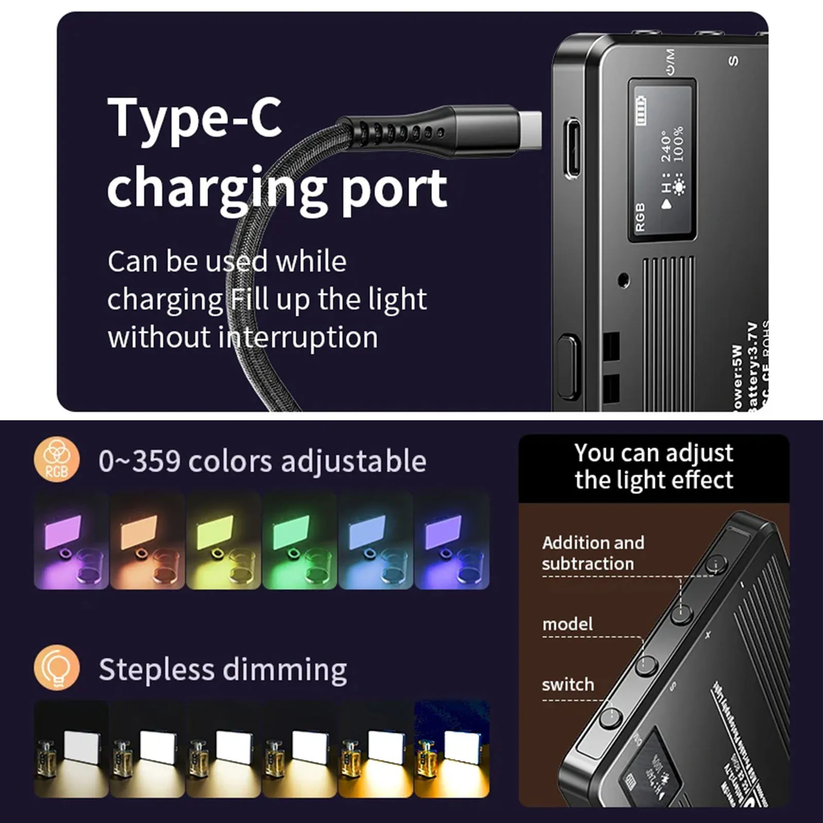 휴대폰 카메라용 RGB 라이트 패널, 브이로그 풀 컬러, 클립온 휴대폰 비디오 라이트, LED 사진 필 라이트, 콜드 슈 포함, M16