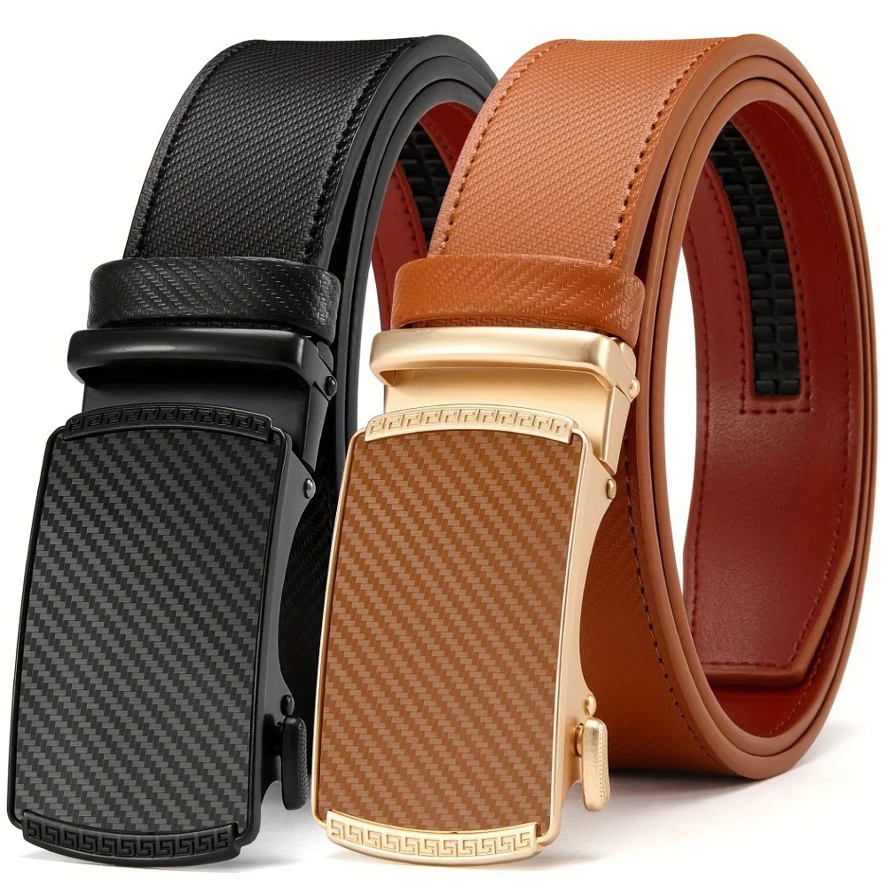 2pcs Men's Ratchet Adjustable Belts with Alloy Buckle, Fashion 35mm Automatic Buckle Waistband Perfect For Skinny Jeans & Office