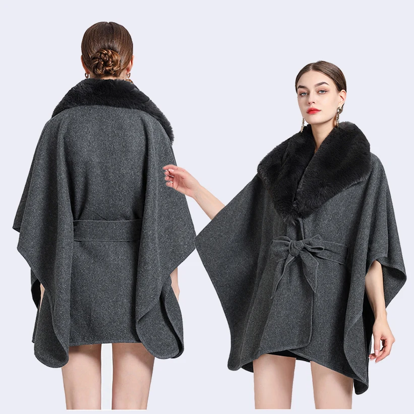 

Fashion Imitated Cashmere Coat Cloak Big Faux Rex Rabbit Fur Overcoat Turn Down Collar Cape Women Winter Belt Loose Slim Poncho