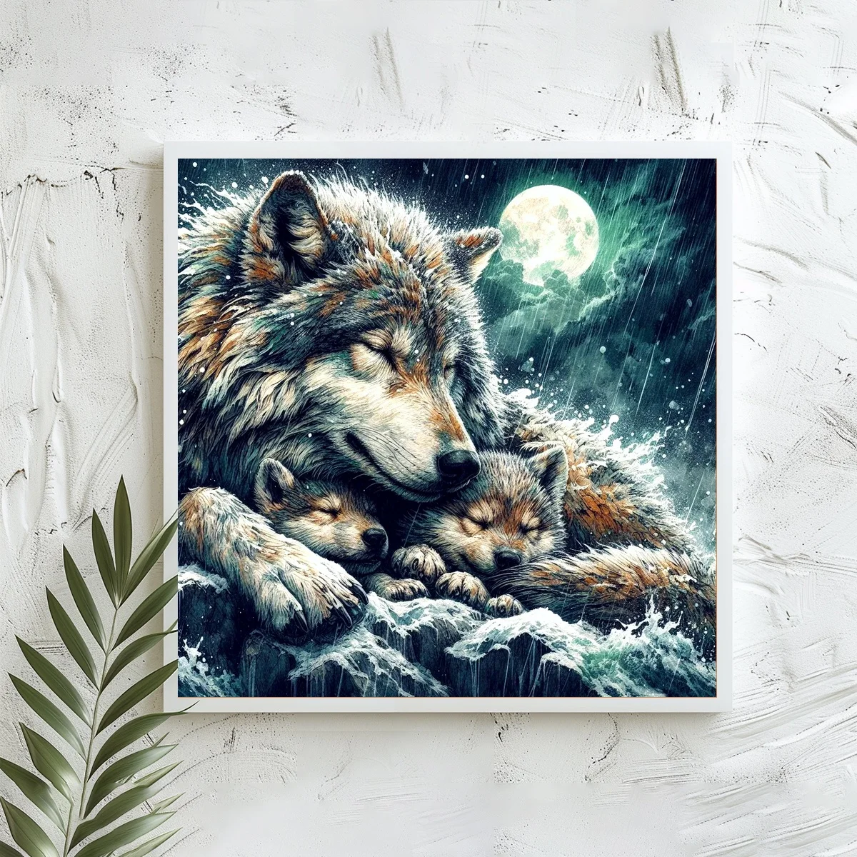 1 Stück 40x40 cm/15,74 Zoll, 11Ct/14Ct Kreuzstich-Set, DIY Valentinstagsgeschenk, Stickerei-Set für Festlichkeiten, Wolfsbabys, Felsen, Mond, Regen – Detail 2