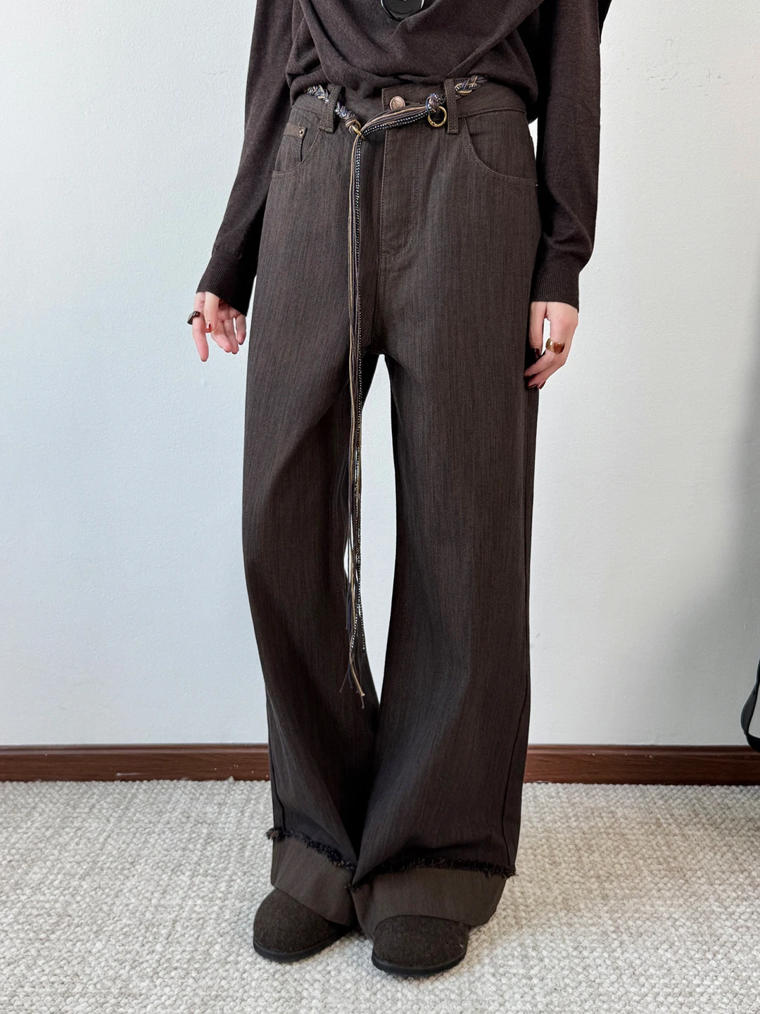 

Женские широкие брюки в стиле ретро, новинка ранней осени, с высокой талией, свободные, прямые, повседневные, в пол, кофейные в полоску, с отворотами