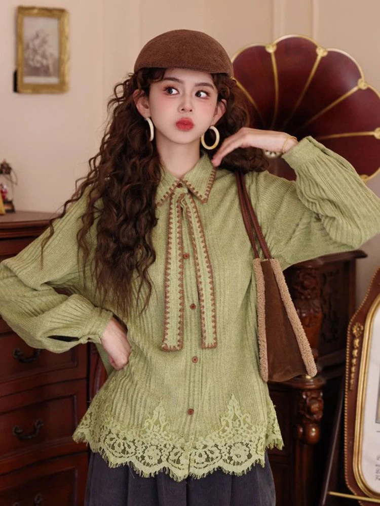 

Vintage Casual Button Shirts Women Loose Office Lady Long Sleeve Lace Up Blouse Retro Solid All Match Sweet Preppy Female Tops