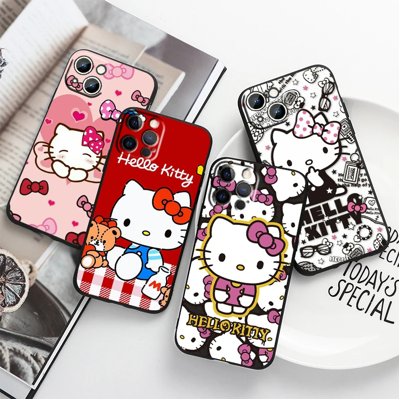 HelloKitty Cartoon Cute For Apple iPhone 14 13 12 11 Pro Max Mini XS Max X XR 7 8 Plus 5S Silicone Black Phone Case Coque Capa