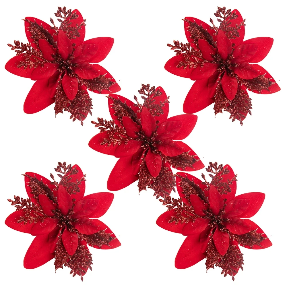 5/10pcs Glitter Red Christmas Flowers Artificial Poinsettia Flower Xmas Tree Ornament Hanging Christmas Decoration For Home 2024