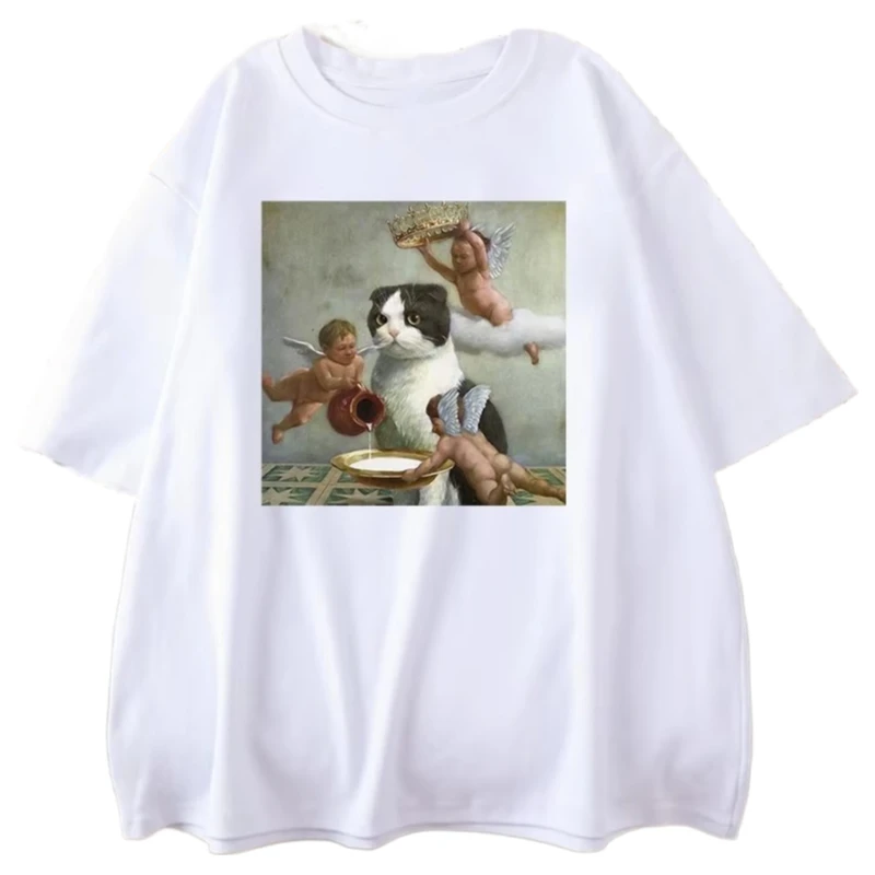 

Scottish Fold Cat Angel Crown Print Women's Clothes Personality Casual Round Neck T-shirt Women's Short Sleeve Graphic T Shirts