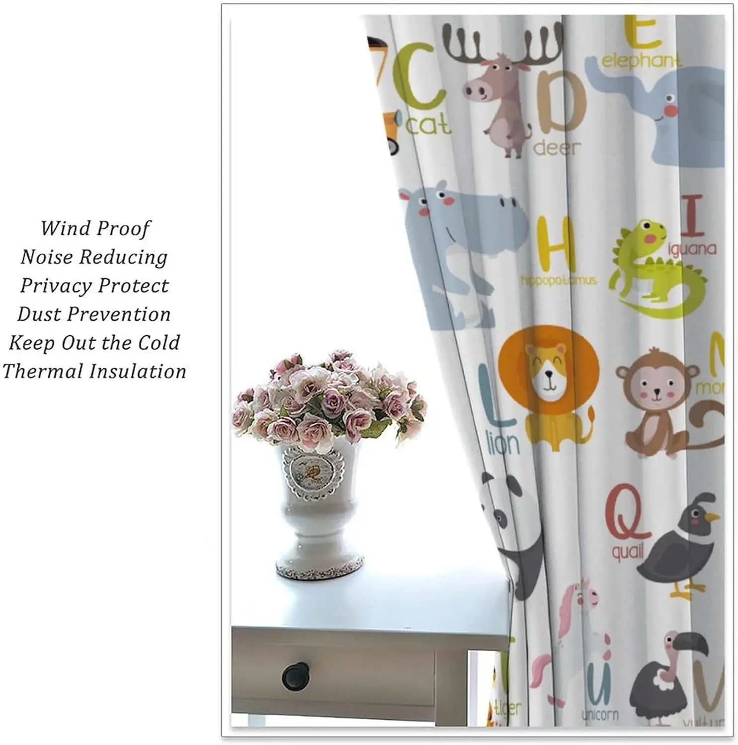 2 Panels Cartoon ABC Animal Alphabet Blackout Curtains Cute Zoo Creature Letter Word Print Drapes Early Learning Kids Toddler