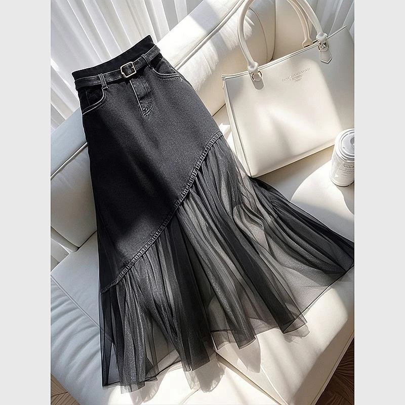 

High Waist Wrapped Hip Black Denim Mesh Spliced Pleated A-line Skirt For Women 2025 Summer Versatile Half Long Skirt