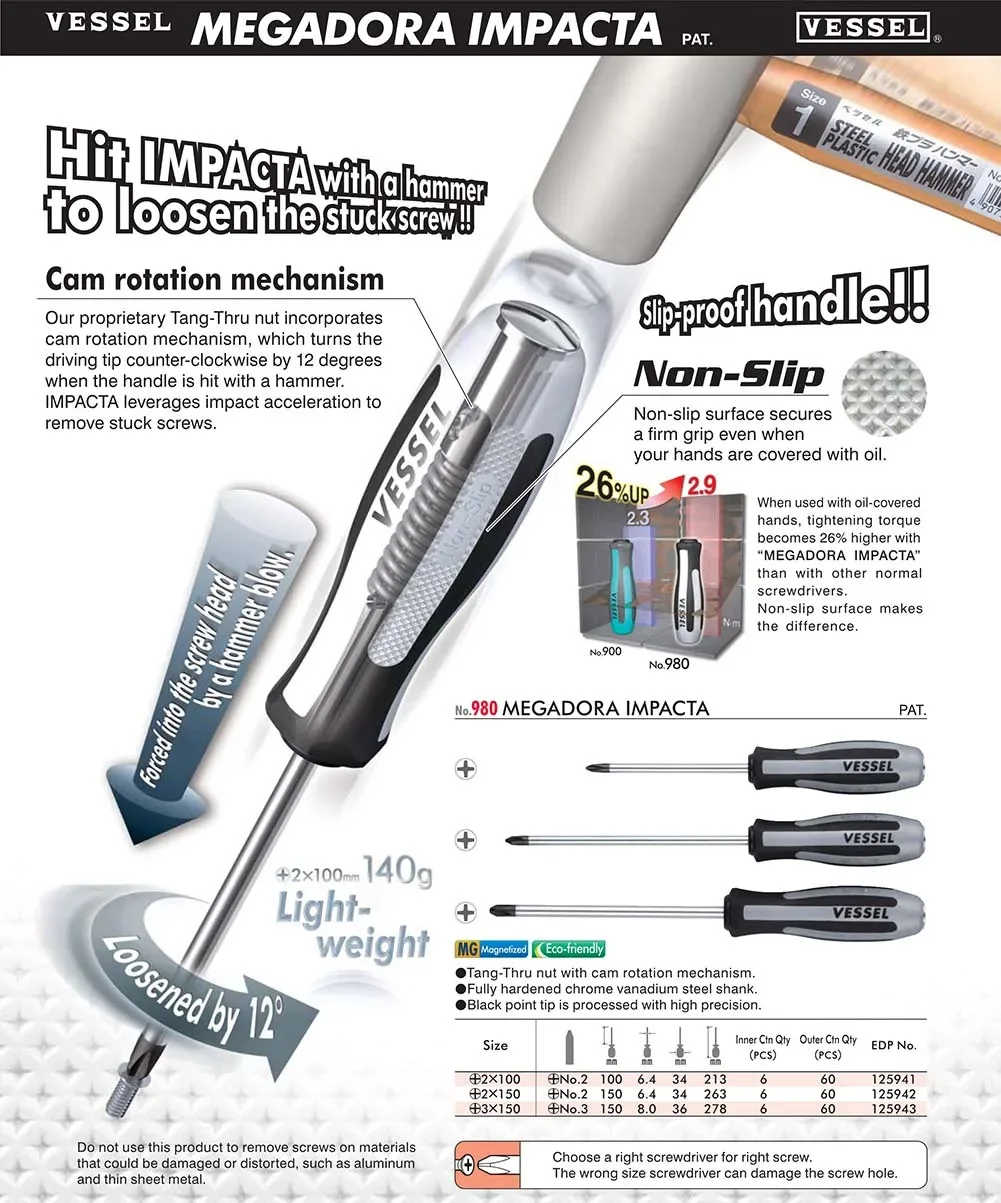 VESSEL NO 980 Serie MEGADORA IMPACTA 980 PH3 X 150 Phillips JIS Japanese Impact Screwdriver Manual Hand Tools