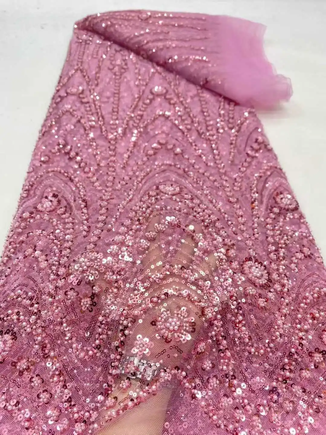 2026 Africano Nigeriano di Alta Qualità Paillettes In Rilievo Tulle Tessuto di Pizzo per Abiti Da Ballo Perline Ricamo Cucito Netto di Stoffa SZ1774