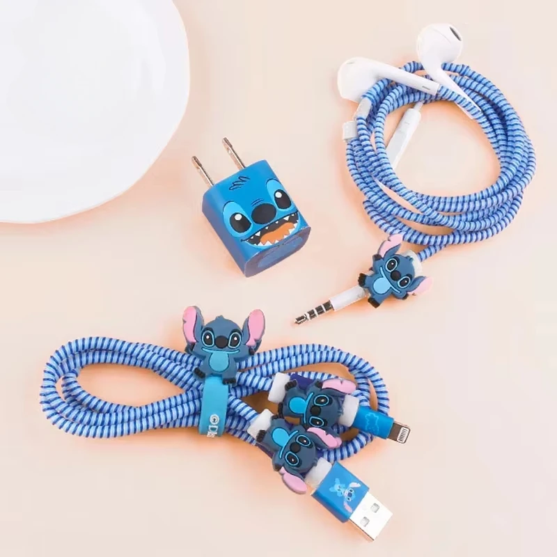 غرزة كابل شاحن آيفون حامي اللفاف شحن رئيس ملصق Kawaii الكرتون الشكل كابل نقل بيانات سماعة USB سلك حماية