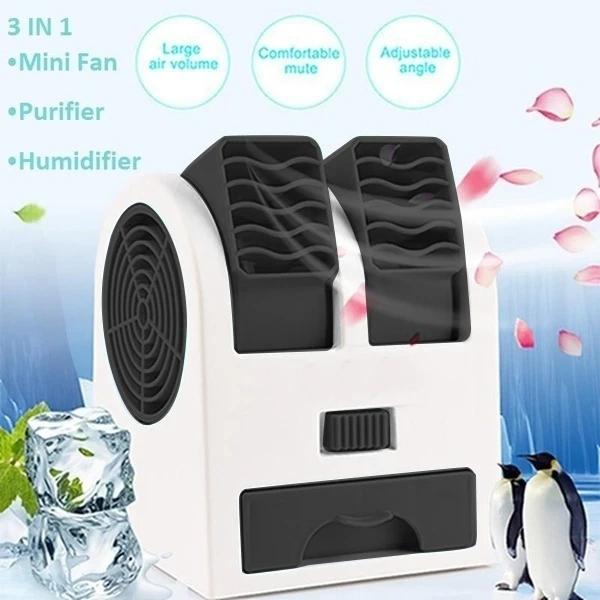 Mini ar condicionado 3-em 1 umidificador de ventilador, purificador para casa, ao ar livre, USB, alimentado por bateria, portátil, refrigerador de ar silencioso