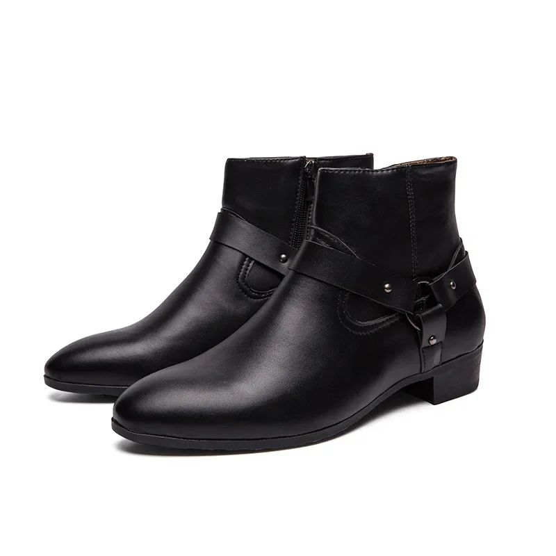 2022 New Ankle Boots Chelsea Boots PU Leather Men Boots Breathable Autumn Winter Fashion Pointed Toe Heels Dress Shoes Big Size