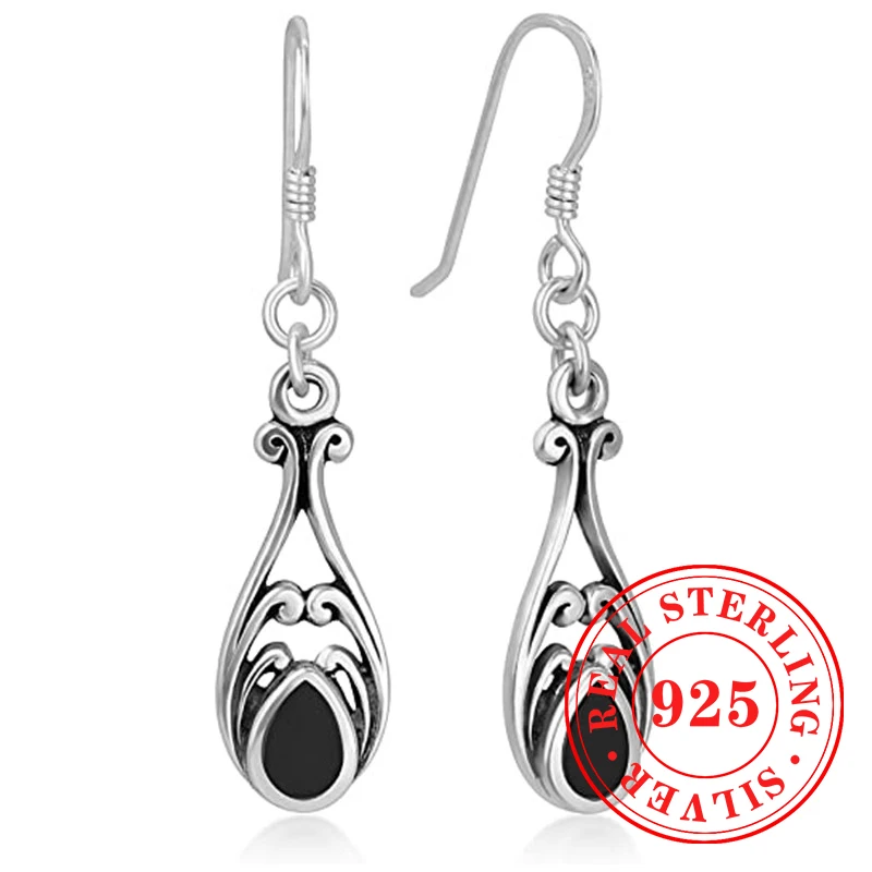 Huitan 925 Sterling Silver Vintage Drop Earrings for Women Unique Design Hollow-out Pattern Accessories Gorgeous Party Jewelry