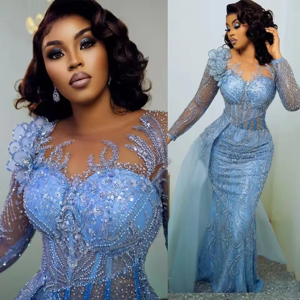 Gala Attire Sky Blue Evening Dresses Sequins Beaded Detachable Train Formal Party Birthday Wedding Party Gowns Customized