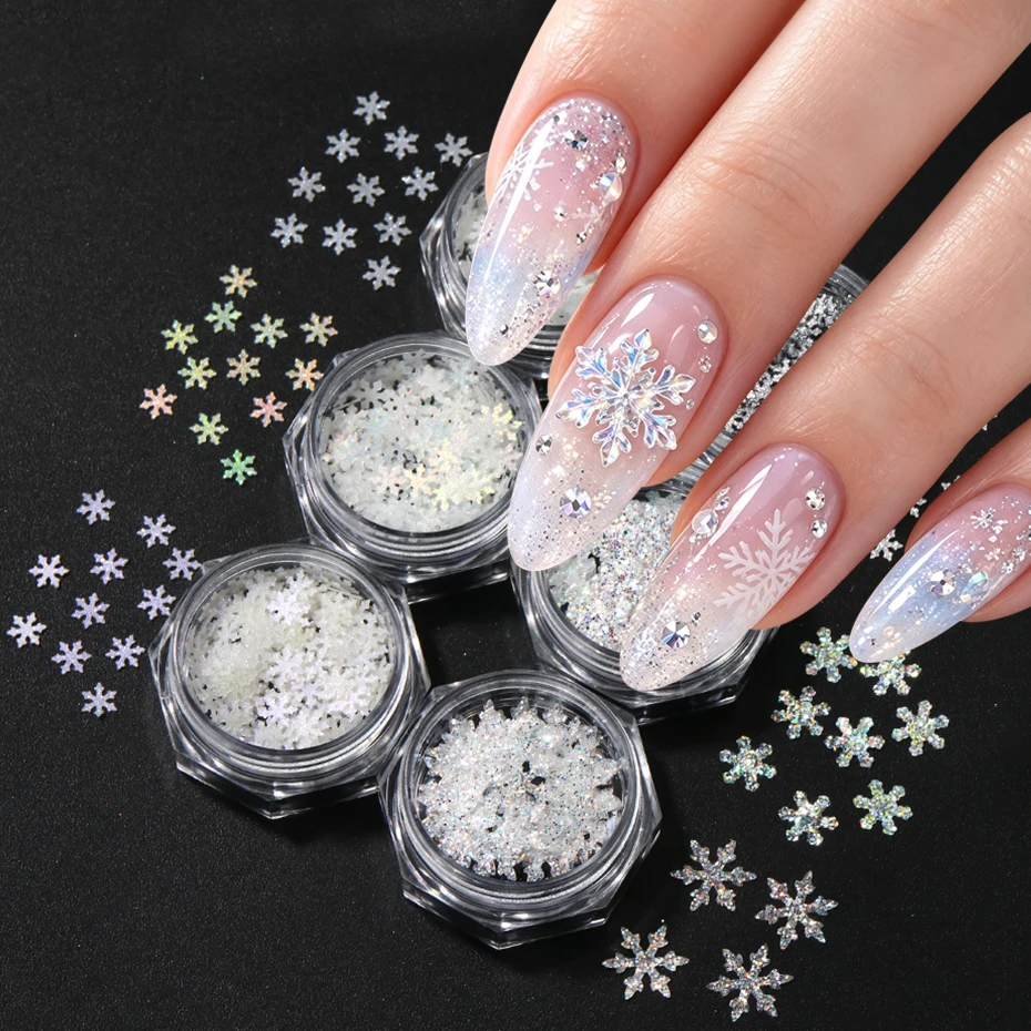 6 Colors Winter Snowflake Nail Art Sequins Elegant Crystal Laser Snowflake Nail Charms Christmas New Year Snowflake Nail Decor