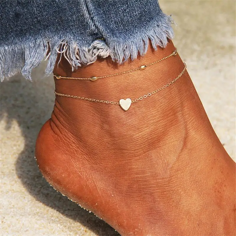 Women Ankle bracelet silver Color Anklets Simple Heart Barefoot Crochet Sandals Foot Jewelry Two Layer Foot Leg Bracelet Anklets