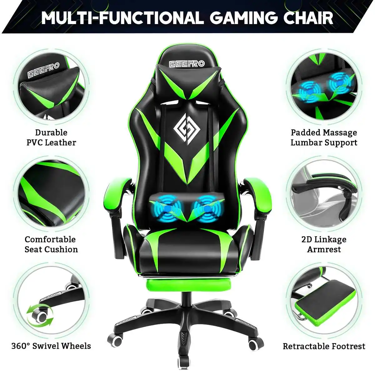 Gaming Chair with Footrest Racing Computer Desk Chairs Ergonomic Massage Lumbar Cushion Support High Back Adjustable Swivel Task