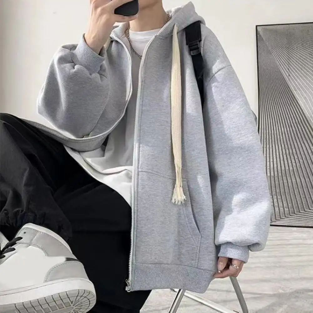 Men Hoodie Stylish Men's Fleece-lined Hoodie Cozy Autumn/winter Coat with Zipper Placket Pocket Comfy Hoodie