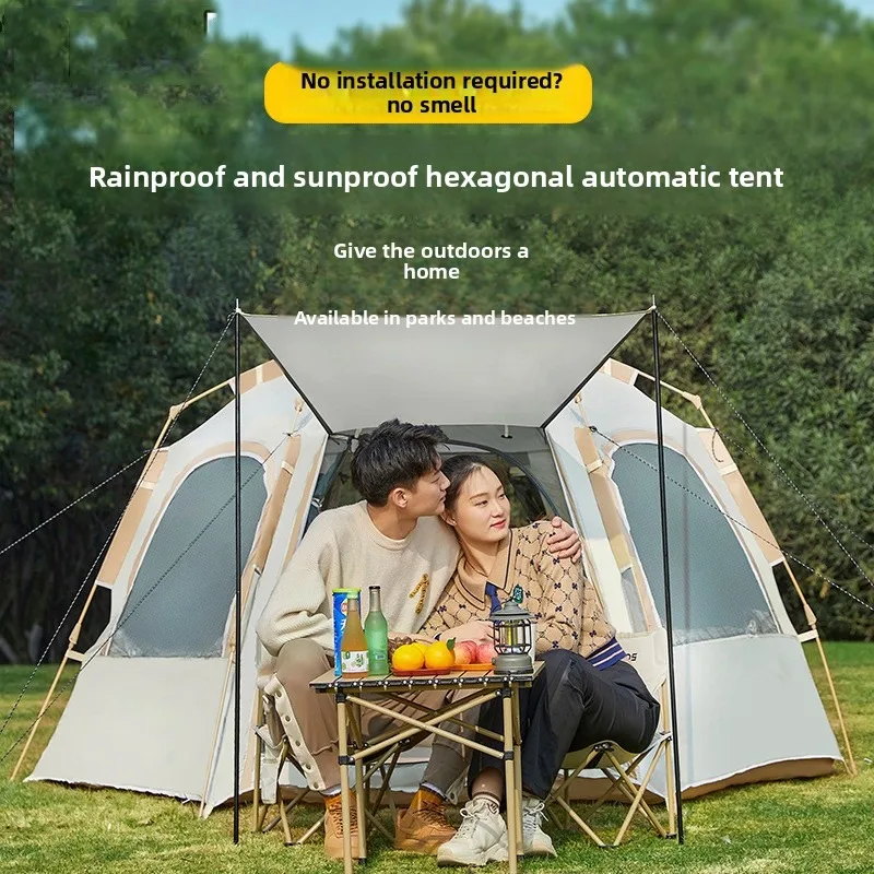 

Fully Automatic Hexagonal Vestibule Tent Two Layer Outdoor Folding Portable Camping Overnight Rainproof Quick Open Camping Tent