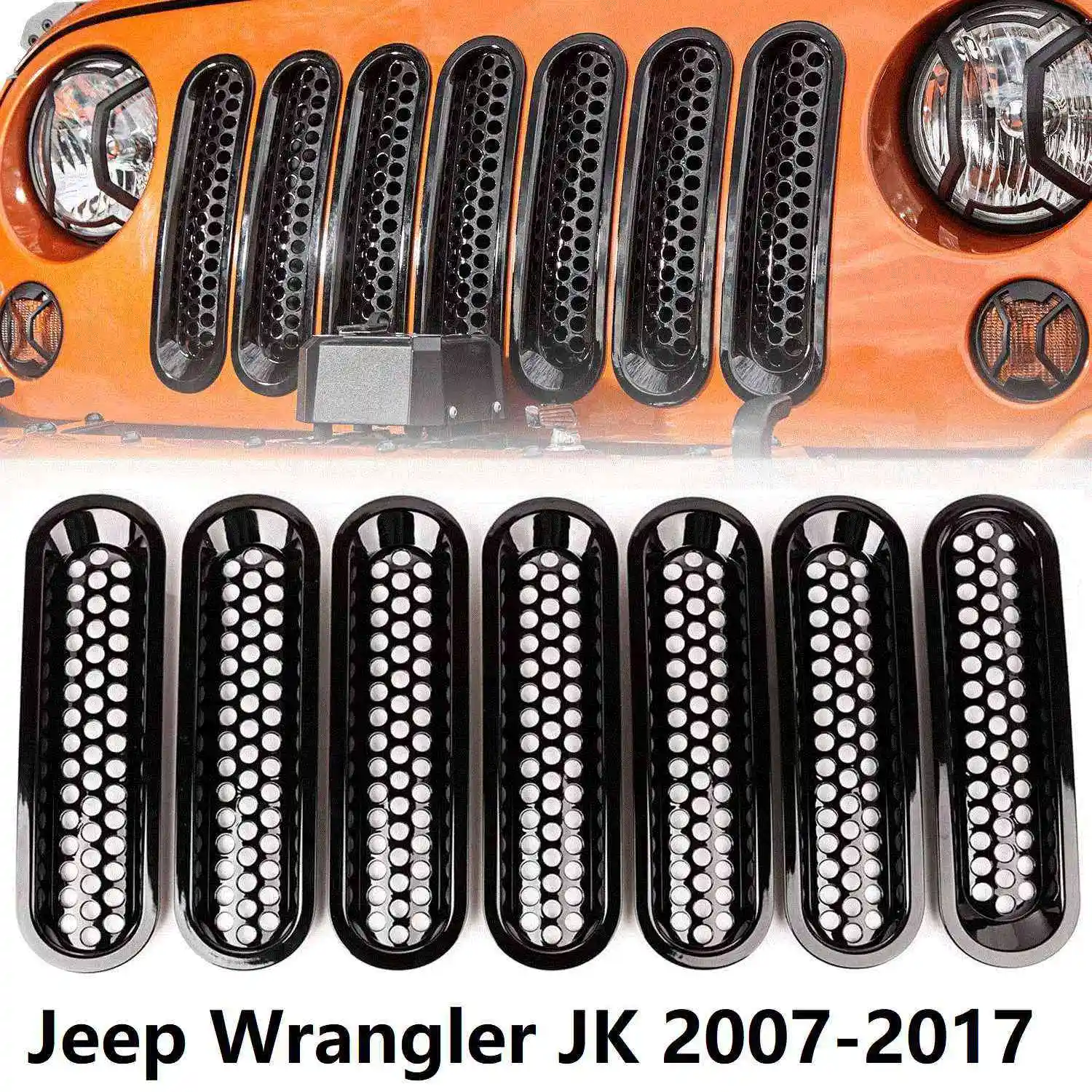 Front Grill Mesh Inserts Clip-in Grille Guard for Jeep Wrangler JK JKU Unlimited Rubicon Sahara 2007-2017 Gloss Black