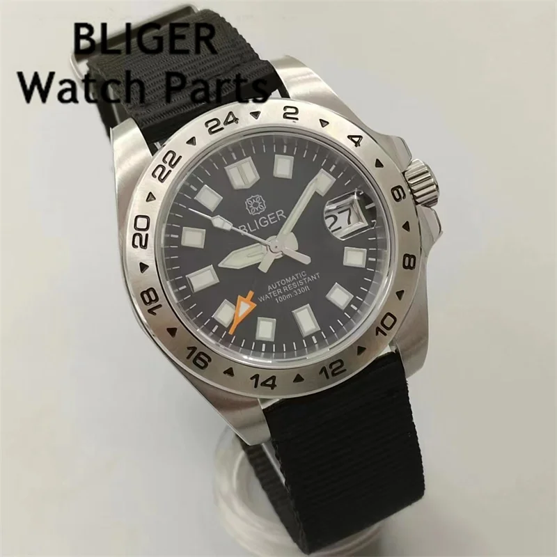 BLIGER 40mm NH34 Men's mechanical watch green luminous black blue dial sapphire glass Nylon watch band