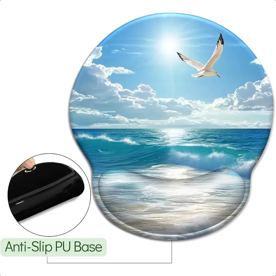 Alas Mouse Gelombang Laut Pantai dengan Sandaran Pergelangan Tangan Ergonomis, Port Pergelangan Tangan dengan Alas PU Anti Selip Pereda Nyeri, Alas Mouse Komputer Lucu