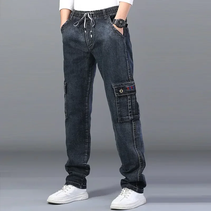 

Men's High Waist Jeans Straight Large Size Dinem Trouser Male Black Jeans Side Multi Pocket Blue Loose Elastic Band Cargo Pants