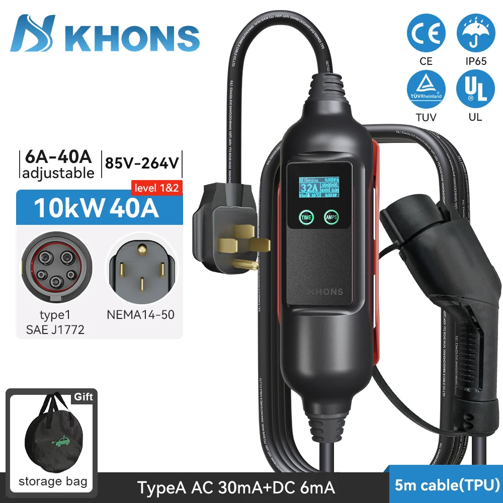 Khons 타입 1 휴대용 EV 충전기, 40A EVSE 충전 케이블, 10KW SAE J1772 NEMA 14-50 플러그, 전기 자동차 충전기, 5m TPU 케이블 IP65