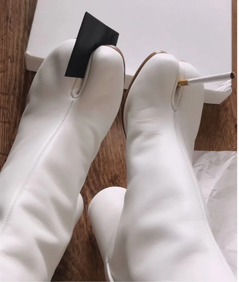 Split Toe Boots Women Real Leather Ninja Tabi Boots Genuine Leather Chunky Heel Ankle Boot Cow Leather Woman High Heels Shoes