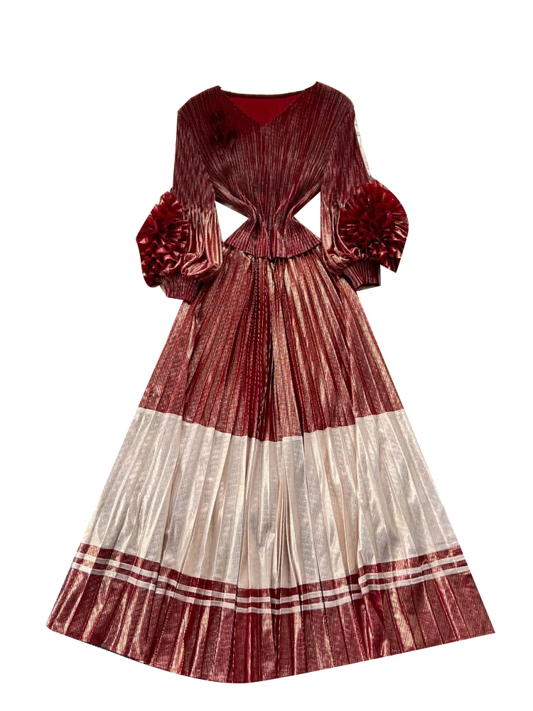 레트로 브이넥 롱 드레스 여성 가을 디자인 감각적인 입체 꽃 랜턴 소매 하이웨이스트 플리츠 A라인 드레스