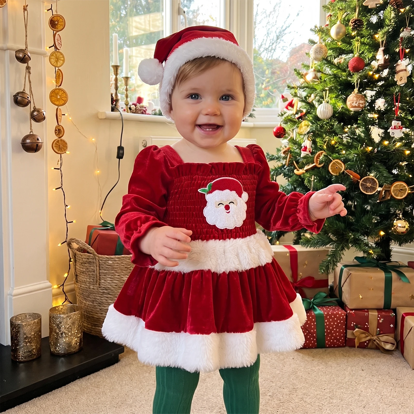 2026 Newborn Baby Girls Christmas Rompers Clothes Velvet Long Sleeve Santa Claus Embroidery Ruched Romper Dress+ Santa Hat