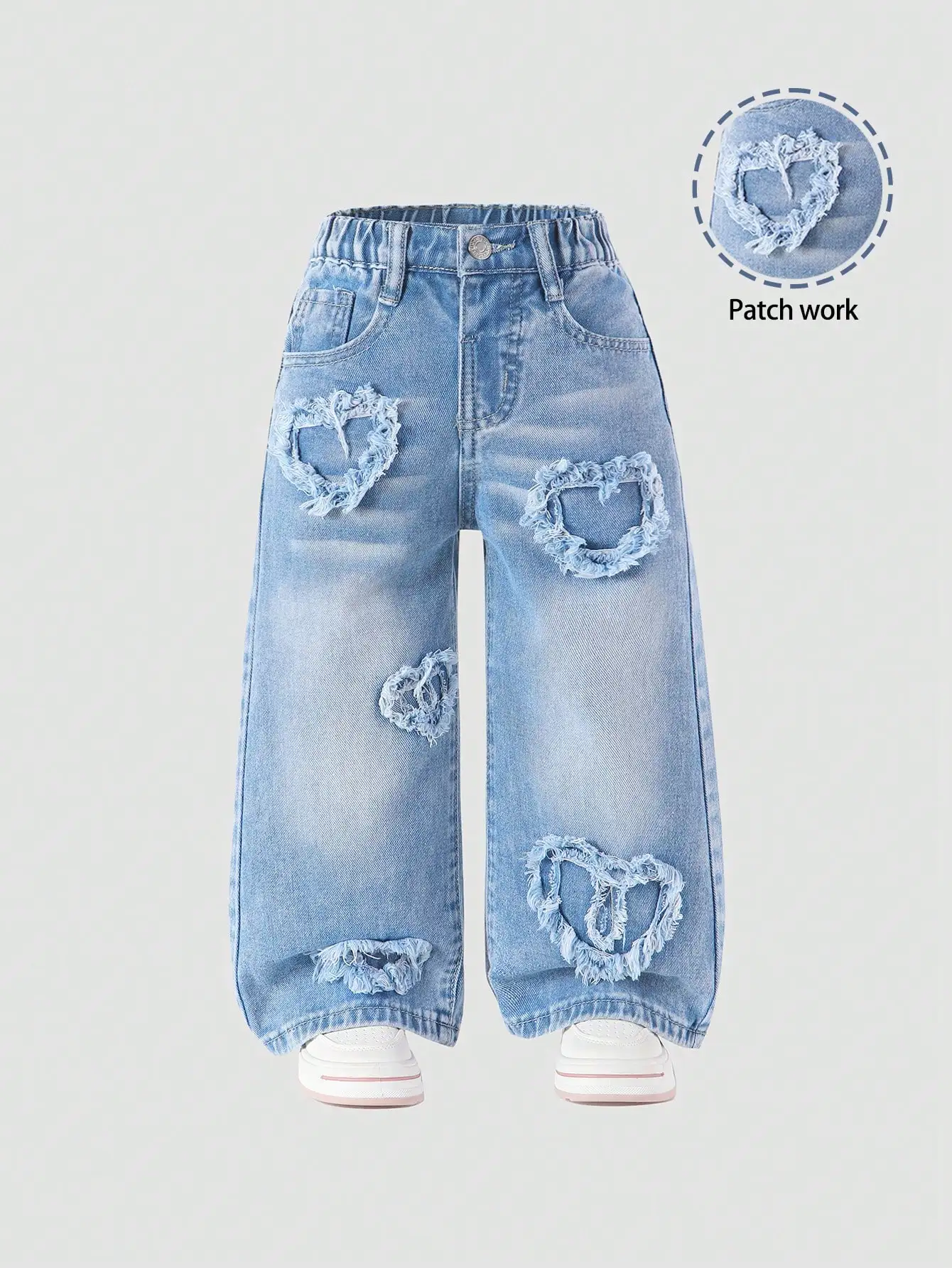 

Light Wash Denim Wide Leg Pants with Heart Patchwork Detail for Kids
