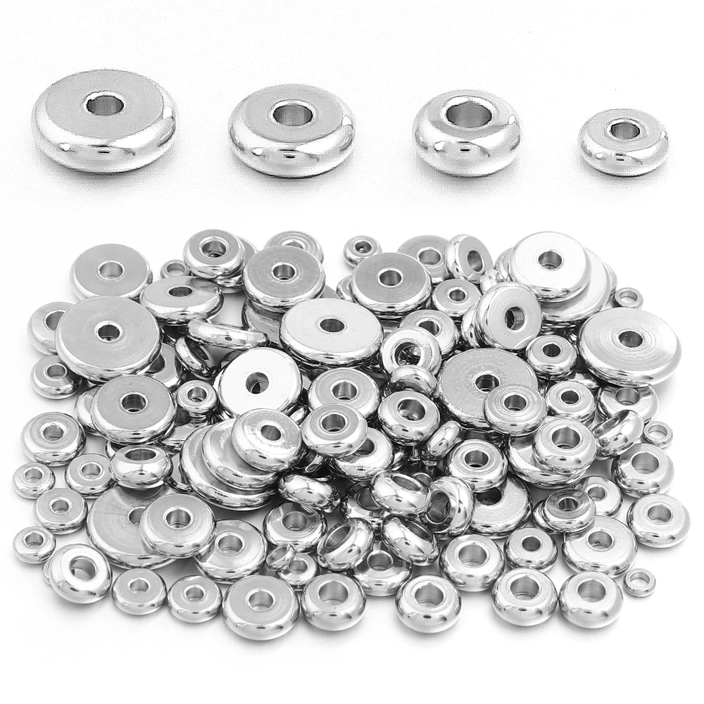 50pcs/lot Stainless Steel Flat Round Beads Metal Loose Wheel Spacer Bead For Necklace Bracelet DIY Jewelry Making Supplies
