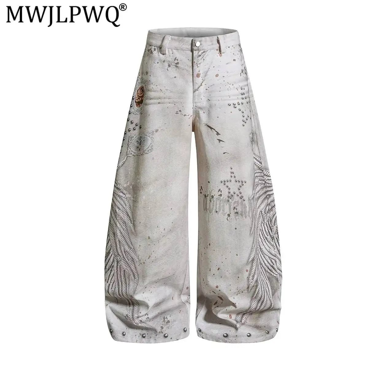MWJLPWQ American Street Style Trendy Personalized Jeans New Curved-Leg Loose Wide-Leg Long Pants Distressed Vintage-Style 20038