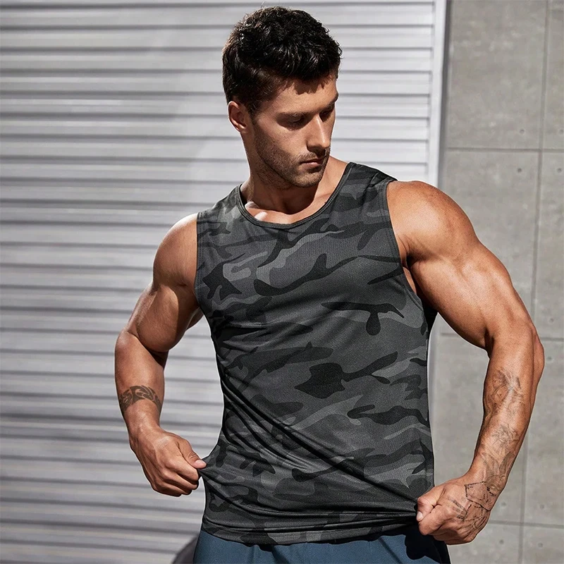 Men\'s Fitness Vest Summer Camouflage Fitness Sleeveless Sports Tops Casual Bottoms Shirt Fitness Running Men\'s Vest Shirt