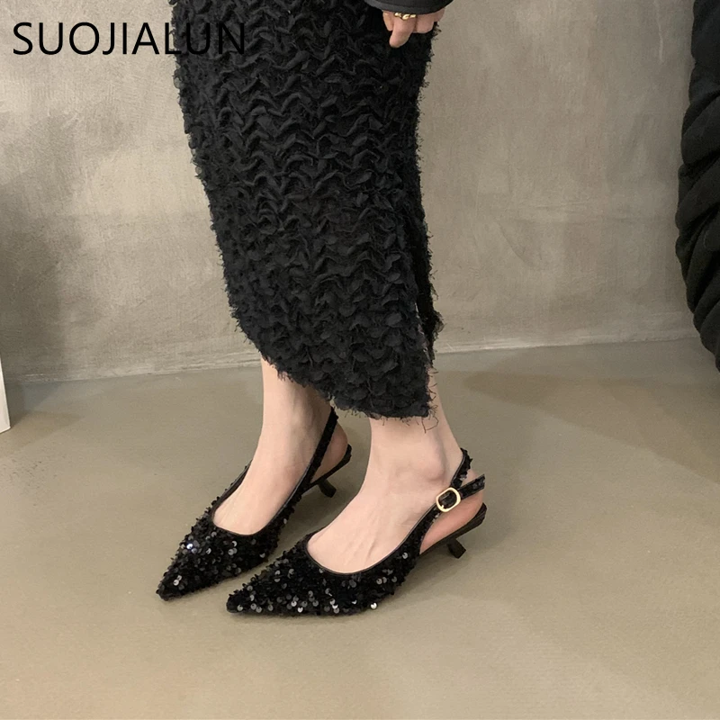 SUOJIALUN 2024 Spring New Women Sandal Fashion Bling Beads Laides Elegant Slingback Shoes Pointed Toe Slip On Mules Pumps Shoes