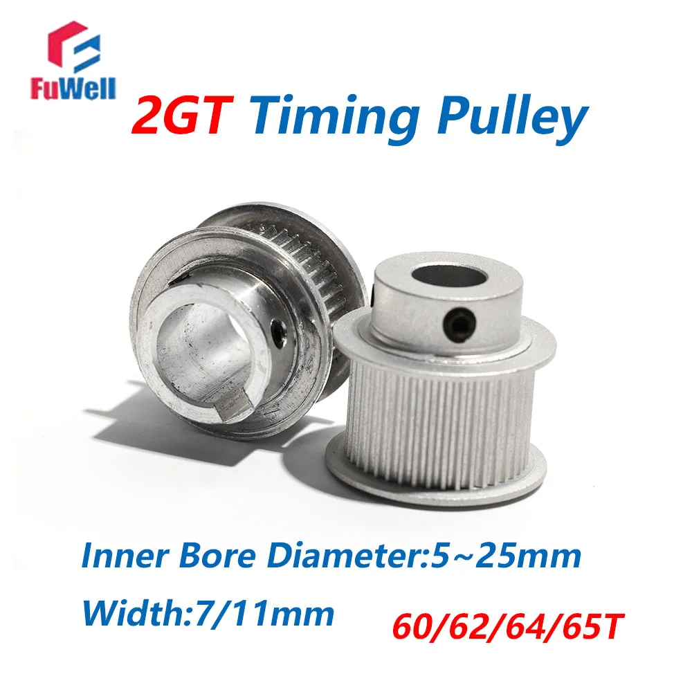 FuWell 2GT Aluminum Alloy Timing Belt Pulley for 3D Printer 60/62/64/65T Teeth Width 7mm/11mm 2M GT2 Synchronous Wheel Bore Part