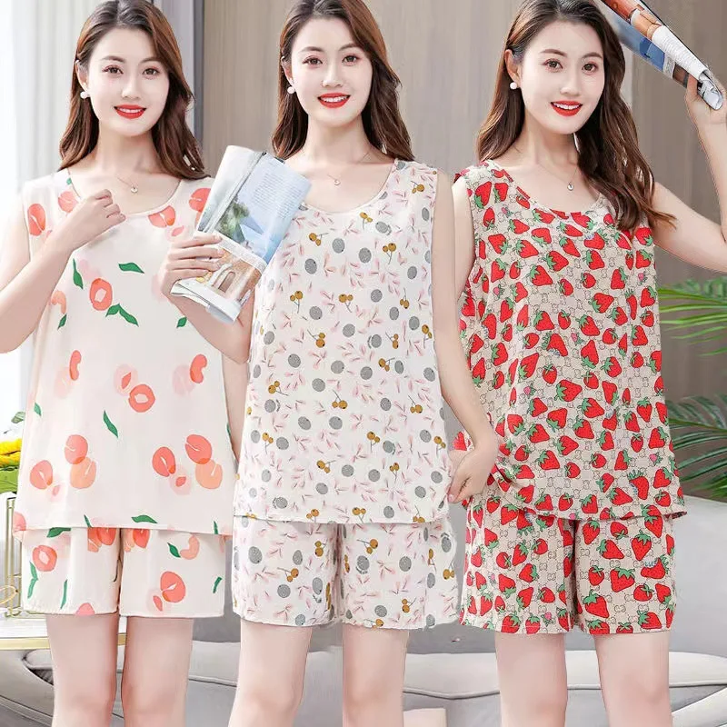 2 Pieces Women Sets Summer Cotton Silk Sleeveless Tank Top Shorts Oround O Neck Floral Print Home Thin women's Sets
