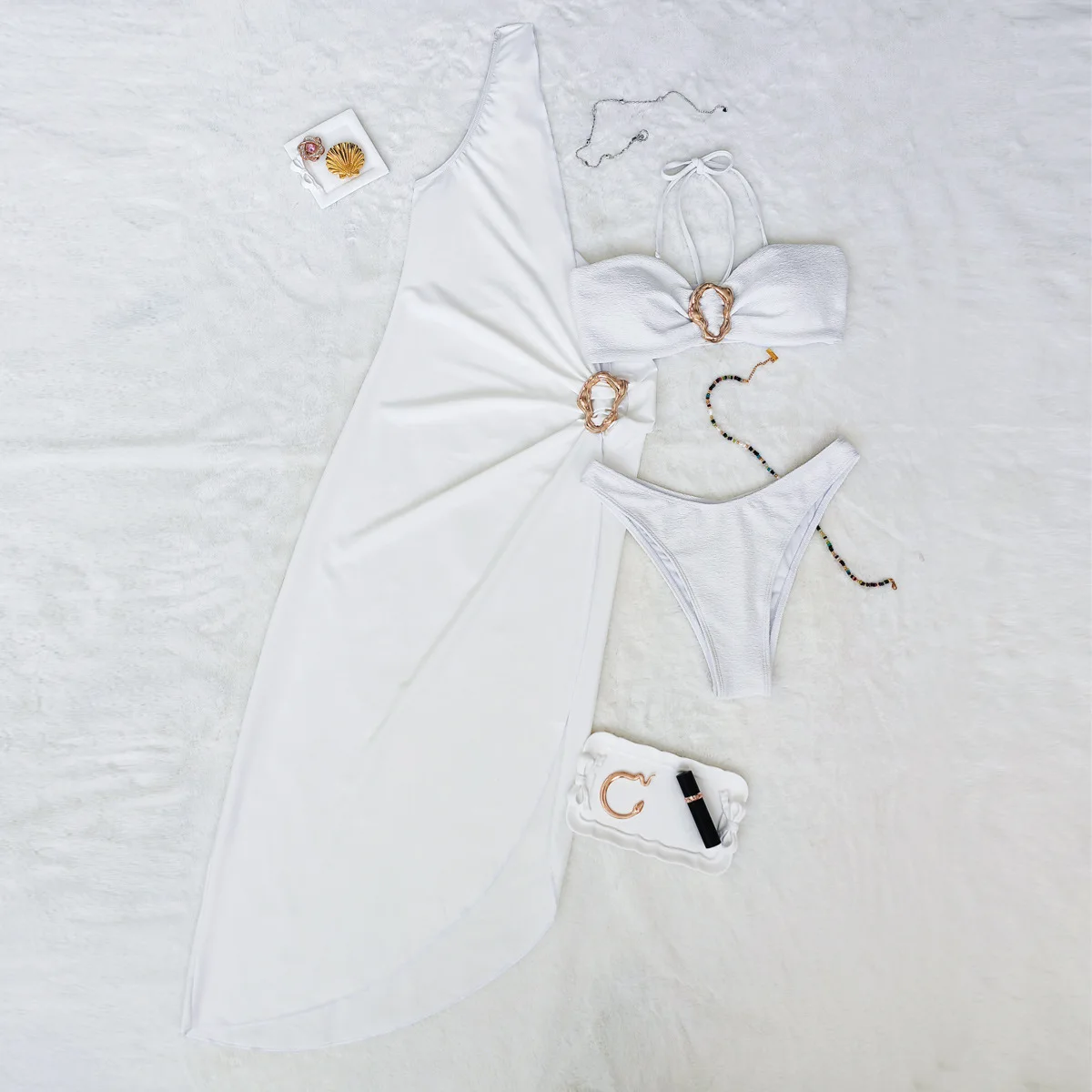 2025 новый купальник-тройка, европейское и американское бикини, сексуальный однотонный топ с разрезом и блузкой на плечах