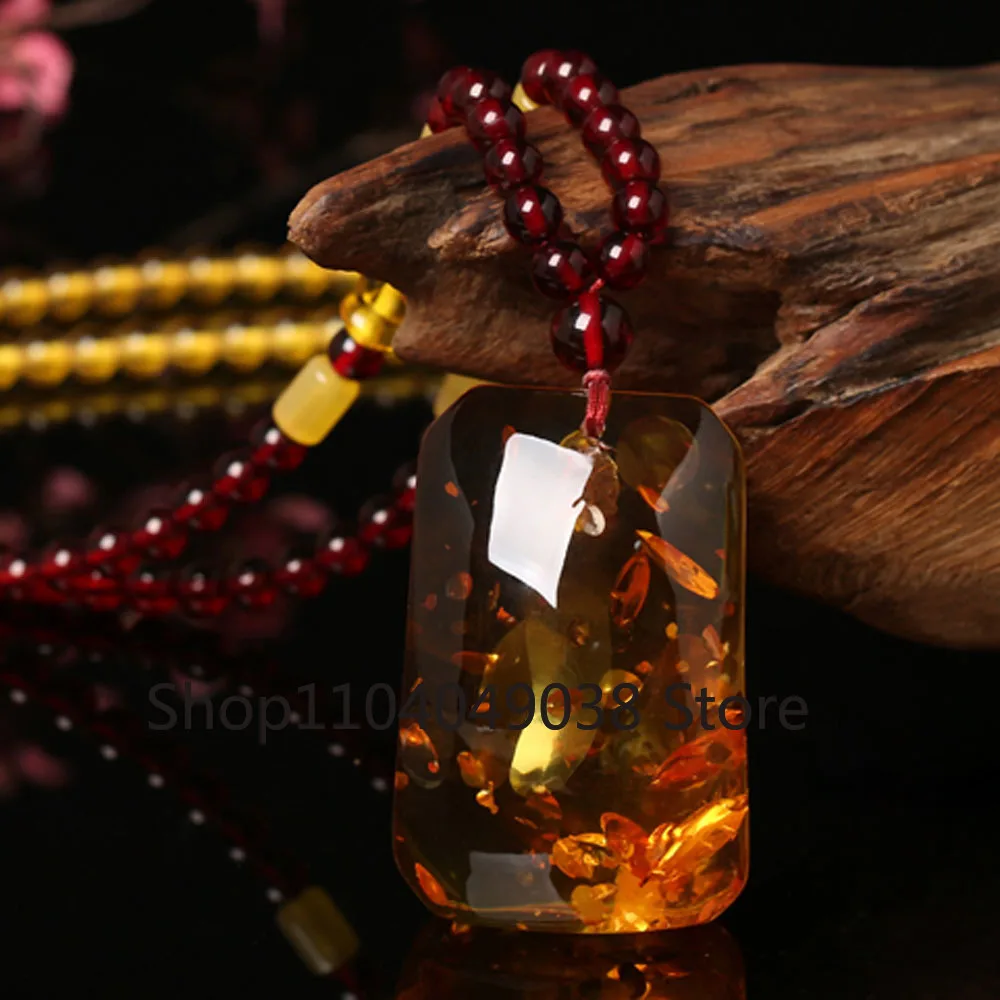 Natural Amber Pendant  Sweater Chain Women Men Chicken Butter Yellow Beeswax Pendant Ethnic Style Old Beeswax Necklace Gift