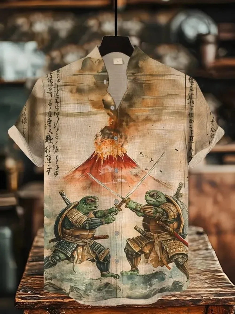 New Mi Ma Di Giant Whale Kanagawa Wave Calligraphy Seal Used Printing Men's Short sleeved Shirt Clothing