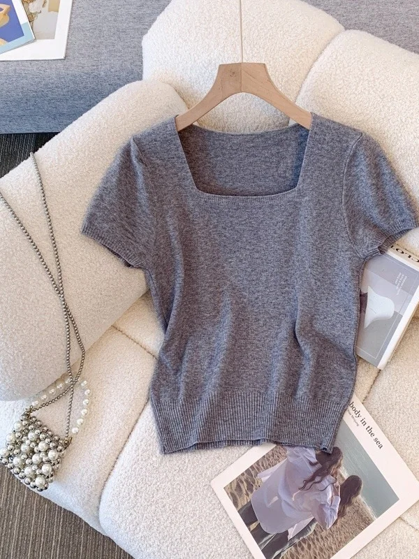 Ice Silk Square Collar Short Sleeve Knitted Top Women's plus Size Slimming Summer New Style Comfortable Breathable T-Shirt
