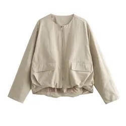 Tangada 2024 Women Beige Oversized Crop Jacket Coat Pocket Long Sleeve Female Zipper Outwear 4M0120