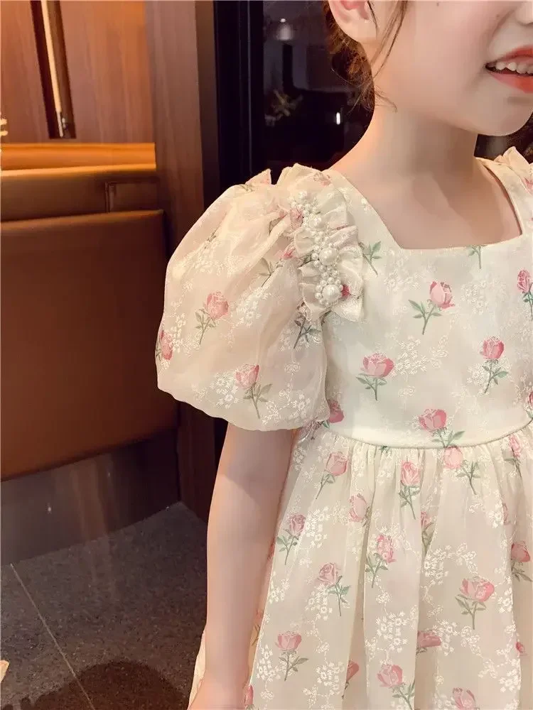 Sommer Mädchen 1–8 Jahre Blumenrosen Prinzessin Kleid Spitze abgestufte Schleife hinten Perlenakzent knielang Party Geburtstagsfeier – Detail 22