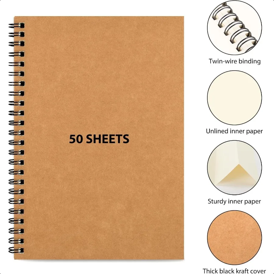 7 Pack Blank Spiral Notebook A5 Unlined Spiral Notebook 100 Pages Journal Sketch Books 8.3x 5.5 Soft Cover Kraft Diary Planner