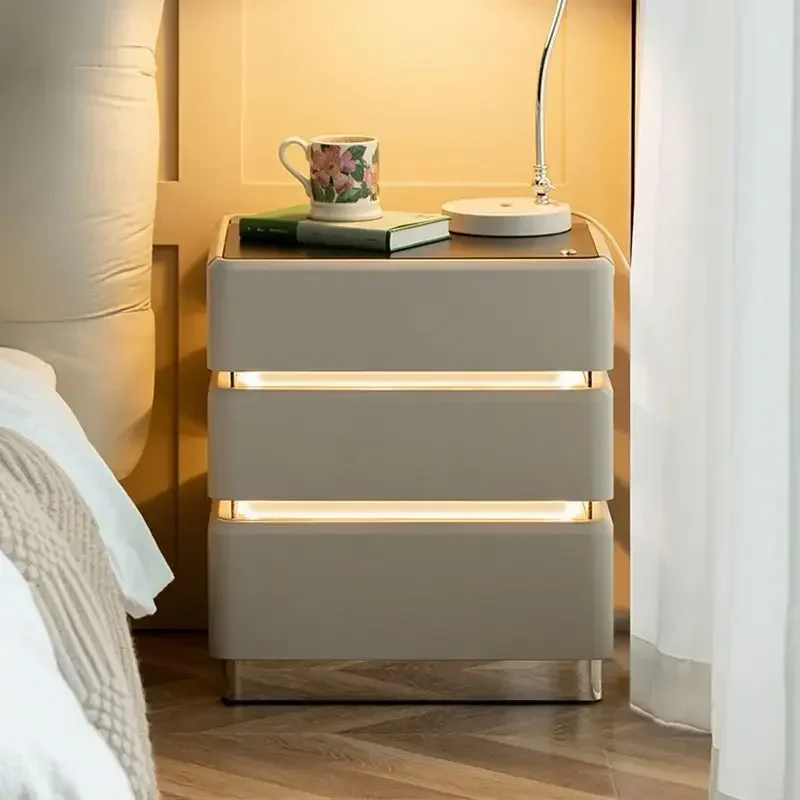 

Luxury Smart Bedside Tables Solid Wood Nightstands with LED Light Wireless Charging Modern Night Stands for Bedroom Furniture