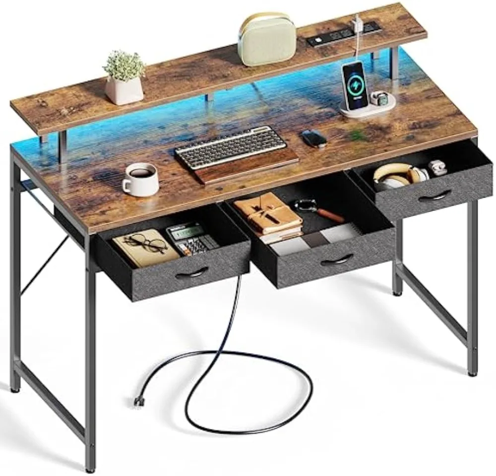 

47 inch Computer Desk with LED Lights & Power Outlets, Gaming Desk Home Office Desk with Storage Drawers, Rustic Brown